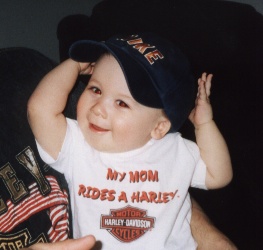 Cody loves advertising that his mommie rides a Harley!!